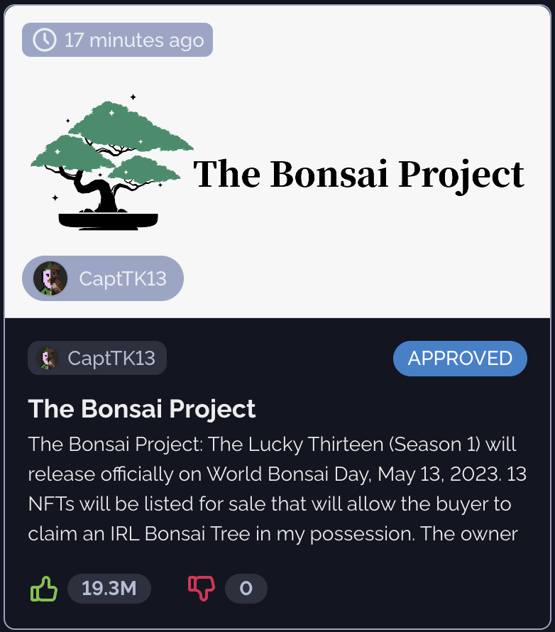 TheBonsaiProj's tweet photo. Officially Approved!!! Thank you all for the support
#ExpectGrowth π² https://t.co/n3zm6uLnDD