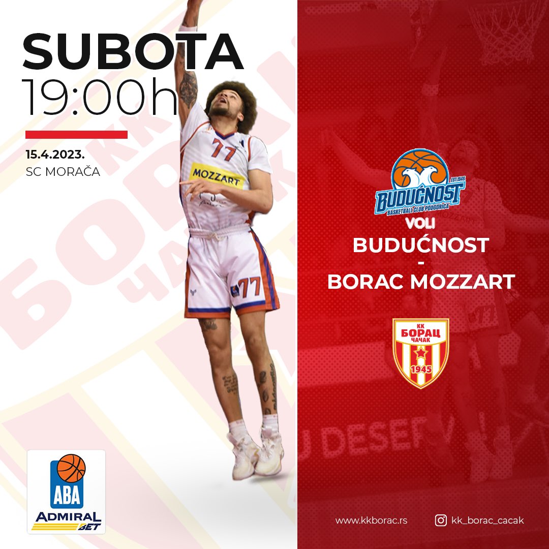 Naše momke sutra očekuje poslednje kolo u AdmiralBet <a href="/ABA_League/">AdmiralBet ABA League</a> ove sezone. Gostujemo ekipi <a href="/buducnostvoli/">buducnostvoli</a> . Pobeda znaci siguran odlazak u baraz ABA lige. Svi smo mi Borac! #kkboraccacak #boraccacak #kkborac