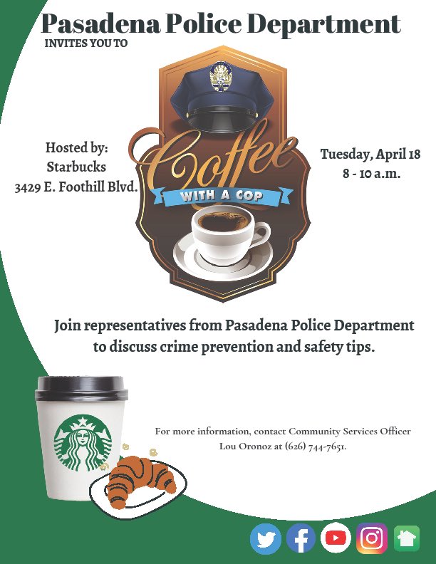 pasadenaD4's tweet photo. Coffee with a Cop this Tuesday https://t.co/mhEkiclNqM