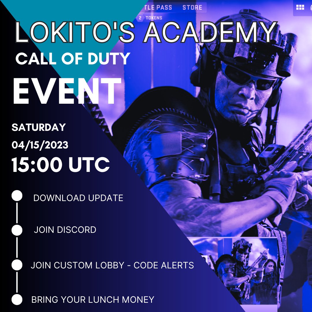 🚨SATURDAY EVENT - 15:00 UTC🚨
⚠️LARGE UPDATE! Download early!⚠️

✅You can now signup /join a team on play.moonsama.com  CoD > Teams > Join/make team

✅Join  Discord: discord.gg/jYSaqe6psX
✅Join custom lobby. Code will be in Discord channel code-alerts! 
✅Lunch Money