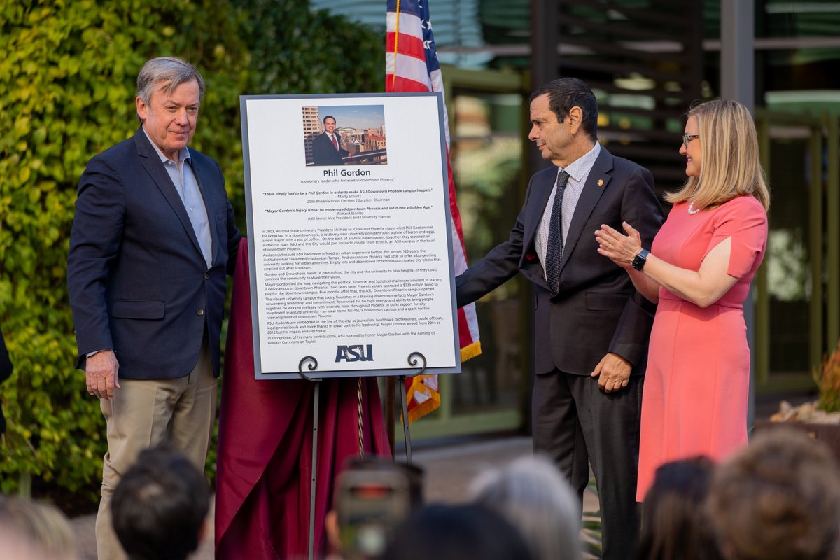 ASU's tweet photo. The Downtown Phoenix campus residence hall, Taylor Place, is officially now #GordonCommons in honor of former Phoenix Mayor Phil Gordon’s legacy and shining efforts in expanding @ASU to downtown Phoenix. https://t.co/8oY0hHyKb4