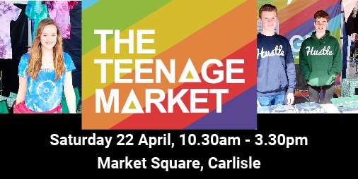Join us at #Carlisle’s first @teenage_market on Sat 22 April, 10.30am - 3.30pm, outside the Old Town Hall. Come along and support young entrepreneurs from Carlisle, Workington, Whitehaven and Keswick. Stalls and music throughout the day. theteenagemarket.co.uk/events/carlisl…