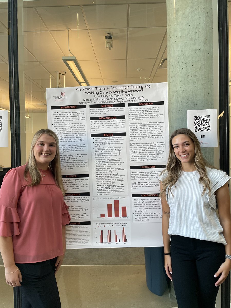 UC_ATrain's tweet photo. Our second year students @anniehaleyyy and @tarynj114 presented their research yesterday at the CAHS Scholarly Showcase, titled “Are ATs Confident in Guiding and Providing Care to Adaptive Athletes?” https://t.co/7pCSTZPder