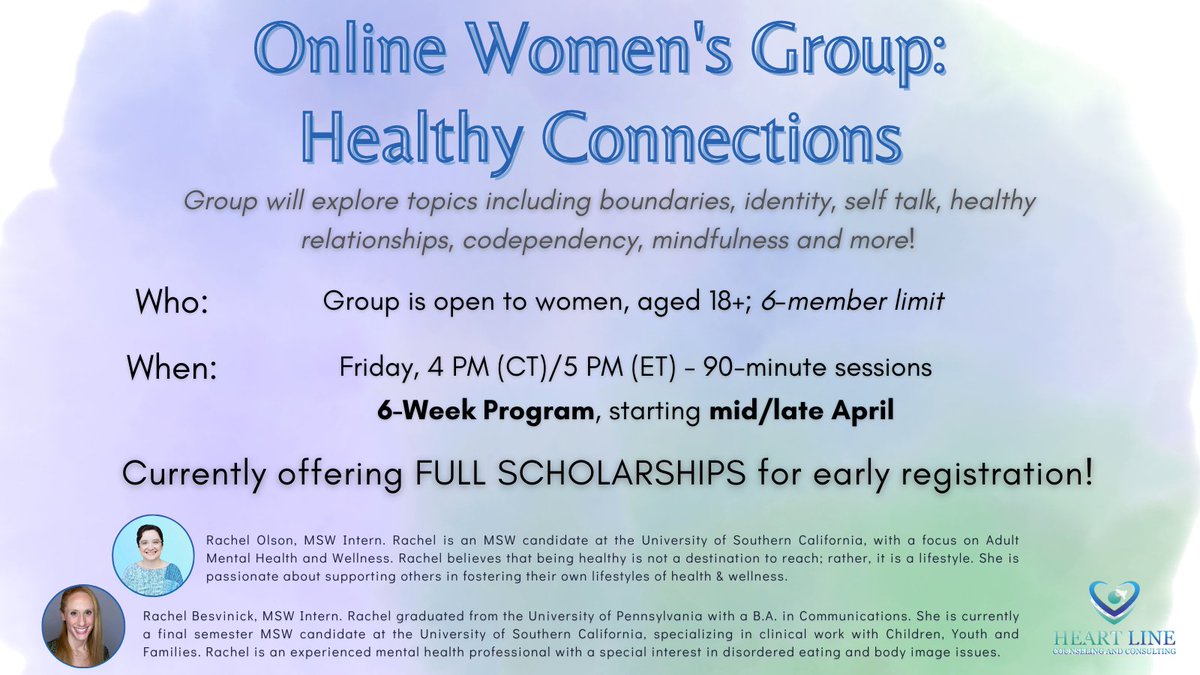 HeartLine_CC's tweet photo. Interested in connecting with likeminded women while working with an empathic therapist from the comfort of home?

Our virtual women's group "Healthy Connections" will focus on relationships, boundaries, and self-empowerment.

FREE Registration Contact: rbesvinick@heartlinecc.com https://t.co/SwaRs8ftp9