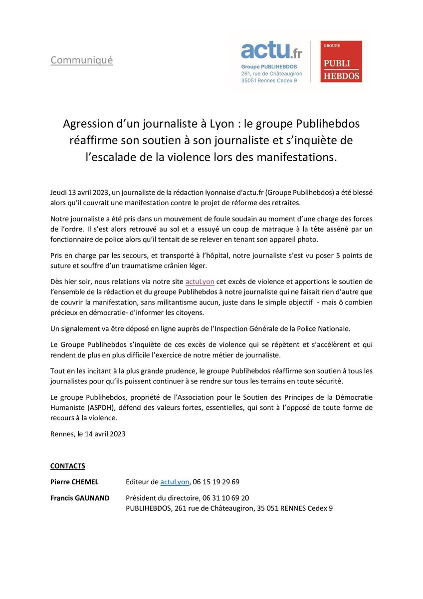 Un journaliste <a href="/actufr_lyon/">actu Lyon</a> blessé lors de la #manif13avril : le groupe Publihebdos qui édite <a href="/actufr/">actu.fr</a> dénonce les violences exercées par la police contre notre collègue. Un signalement IGPN va être déposé (communiqué)