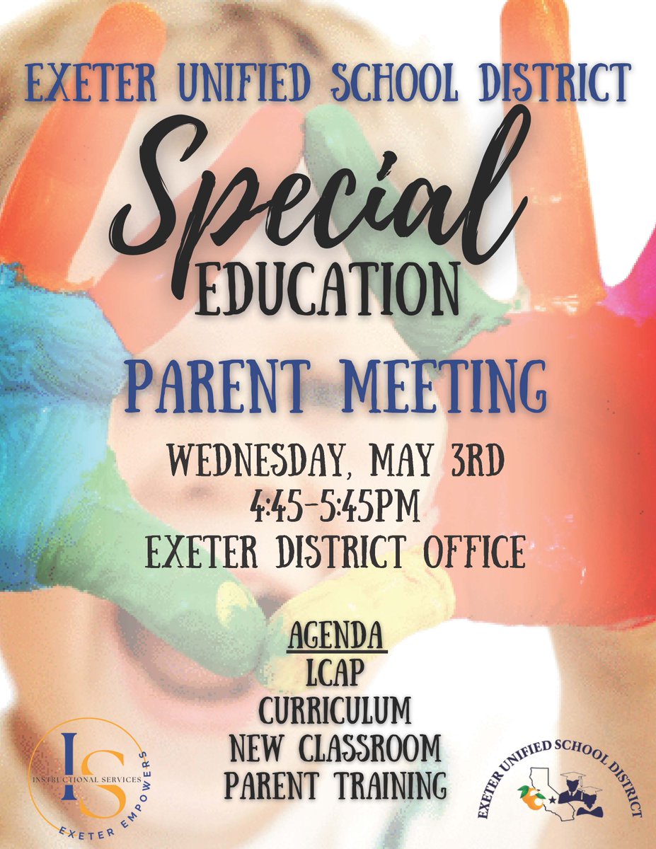 Join us on May 3rd from 4:45-5:45 pm at the District Office (215 N. Crespi Ave) for a district wide Special Education Parent Collaboration Meeting. We will discuss LCAP, new curriculum, the new TK-1 classroom, and parent training opportunities. Please RSVP if you plan to attend.