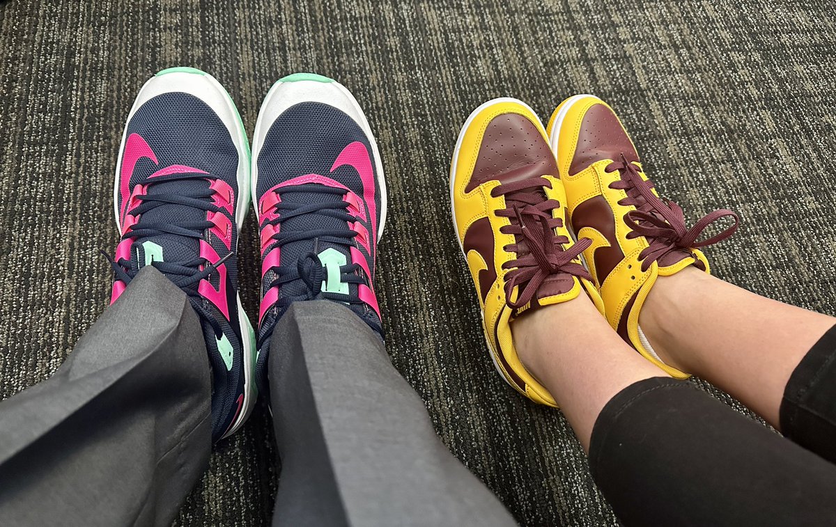 RyanPForan's tweet photo. Fun 🤩 shoe 👟 Friday 🥳 in the PIO Office! @Amber_PR_Info sporting the school colors as well ✔️. Sponsored by @Nike 💪🏼
#schoolpr https://t.co/80wsHJacyD