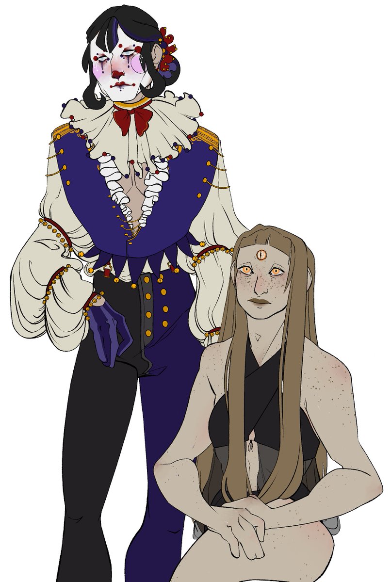 systemreset5's tweet image. CLOWN VAMP CLOWN VAMP
A pair of vtm characters of mine that I don&apos;t have a use for yet, but love my designs for. Brujah clown seneschal to a Salubri prince. (he/him, it/its)