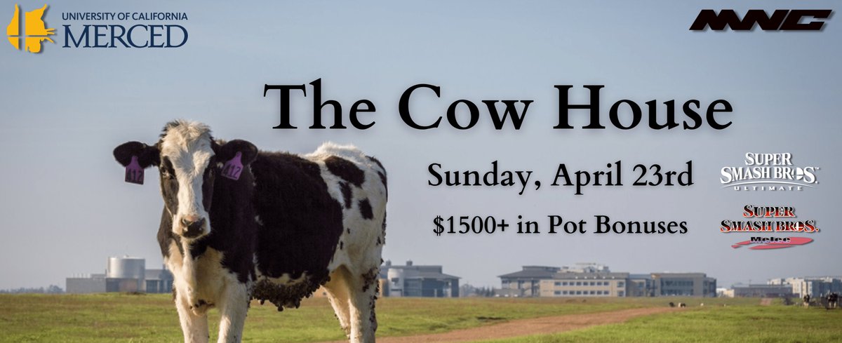Registration for #TheCowHouse ends in exactly ONE WEEK!

Thanks to additional sponsors, we now has a $1500 pot bonus.

The additional $250 will be going to the winning school of The NorCal SSBU Collegiate Invitational!

start.gg/cowhouse