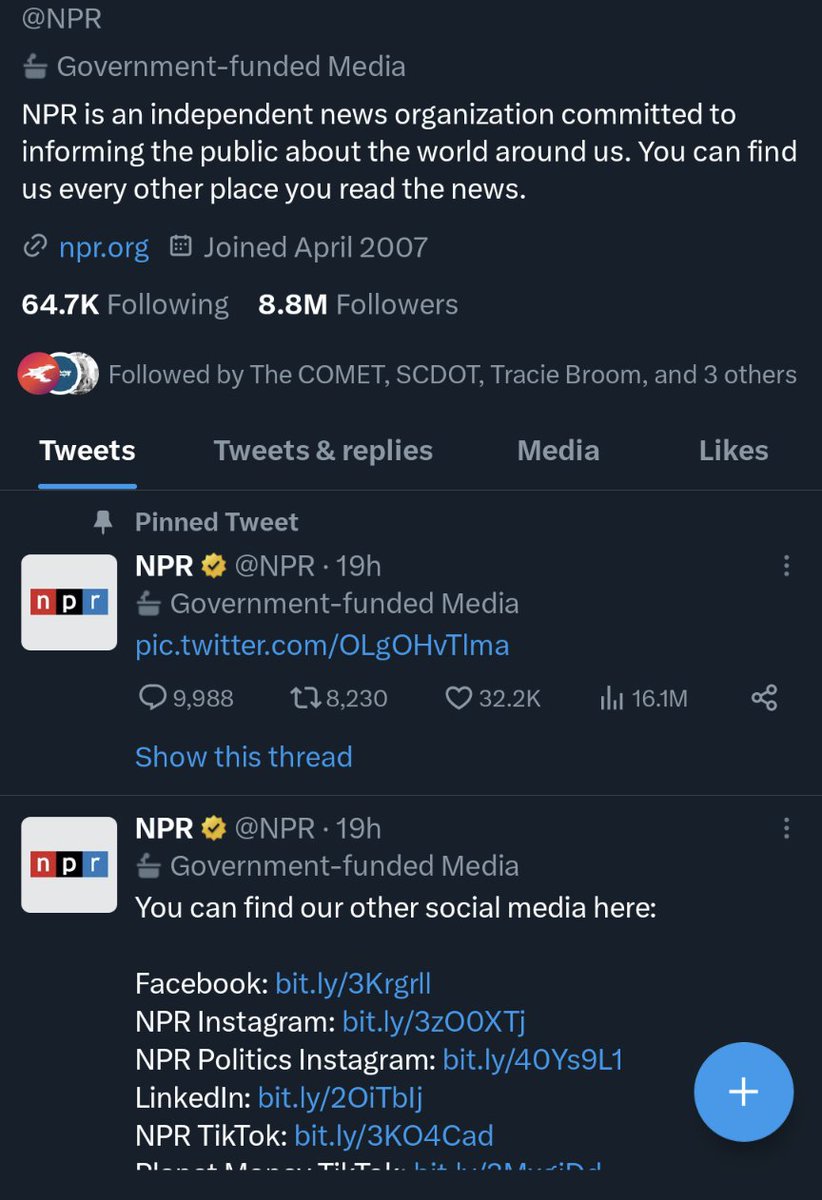 DerekRileySC's tweet photo. Excited to see National Public Radio back on Twitter with one final update... encouraging everyone to follow them elsewhere. https://t.co/Zi27vJZUuF
