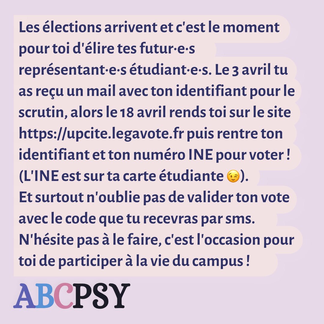 Abcpsy2's tweet photo. A vos marques, prêt·e·s, votez ! Dans 3 jours le scrutin sera ouvert ✨ https://t.co/rBfpNtpyVh