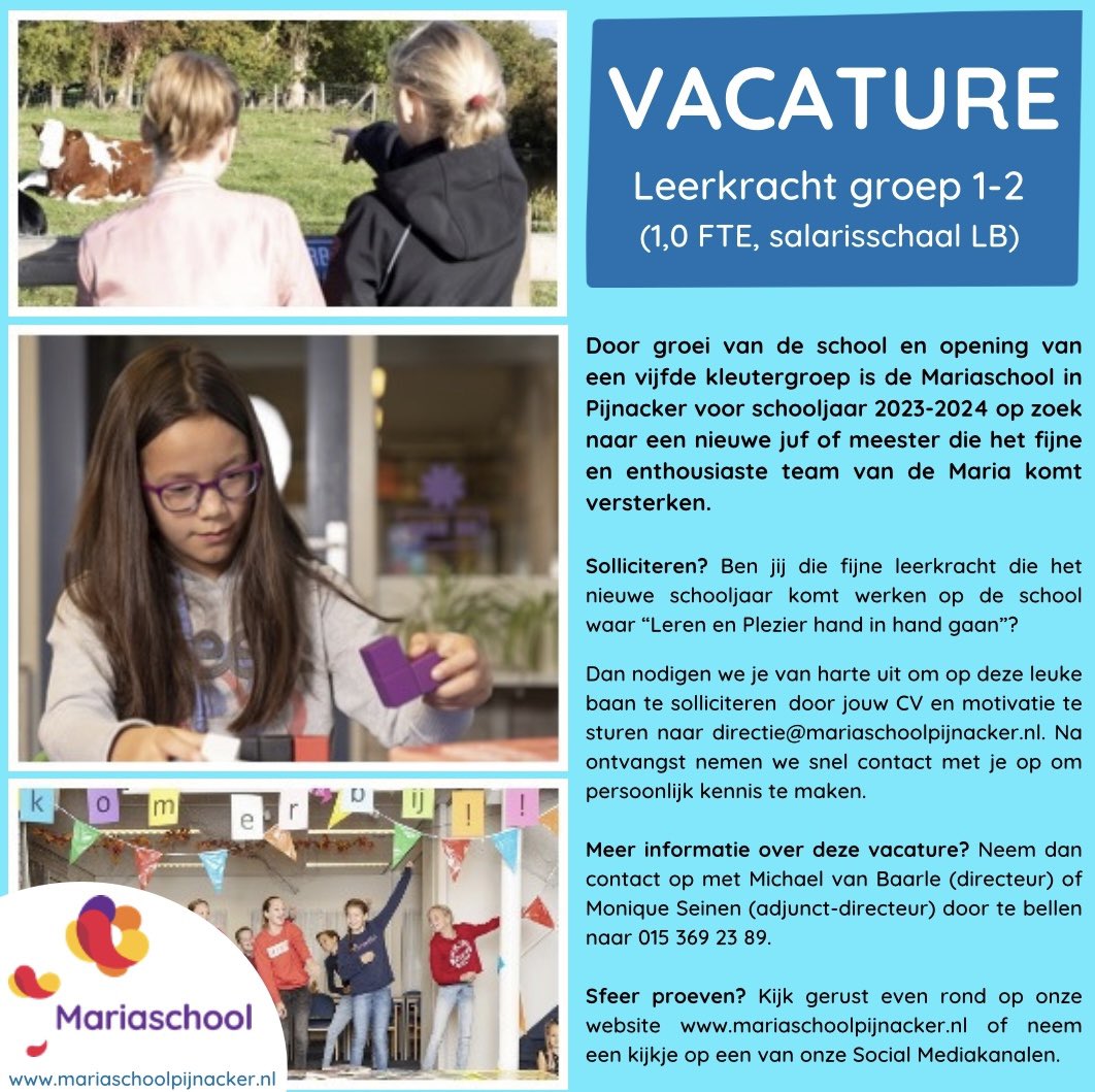 VACATURE | Voor het nieuwe schooljaar zijn wij op zoek naar een leerkracht voor groep 1-2. Het betreft een vacature voor 1,0 FTE.

Meer info over <a href="/MariaschoolSKOP/">Mariaschool Pijnacker</a>? Neem dan een kijkje op mariaschoolpijnacker.nl. 

Je bent van harte welkom! 
#vacatures #basisonderwijs #kleuters
