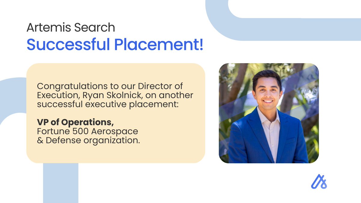 The #Artemis #ExecutiveSearch team is hard at work! Our Director of Execution, Ryan Skolnick, recently placed a VP of Operations candidate at a Fortune 500 Aerospace & Defense organization here in Los Angeles, CA. #HeadHunting  #TalentDelivery #TalentSolutions