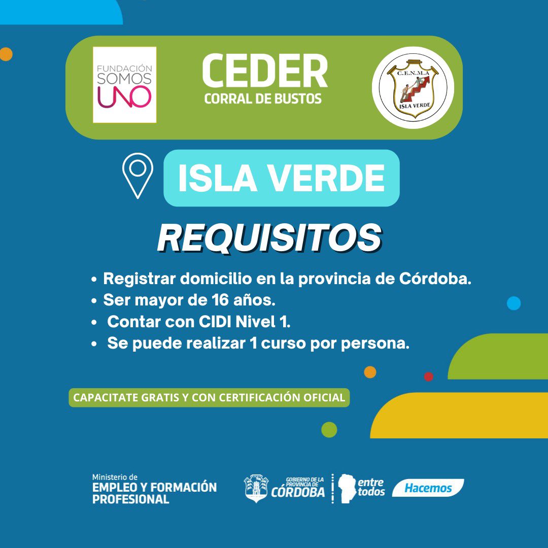 FSomosUno_'s tweet photo. 🔌💡Abierta la inscripción a la capacitación gratuita en “Asistencia en instalación eléctrica Cat. III” con certificación oficial, en #IslaVerde, #departamentoMarcosJuárez.

📍Prog. Pcial. #CBAmeCapacita del #CeDeR #CorralDeBustos Ifflinger. https://t.co/1TBOo4Stuk