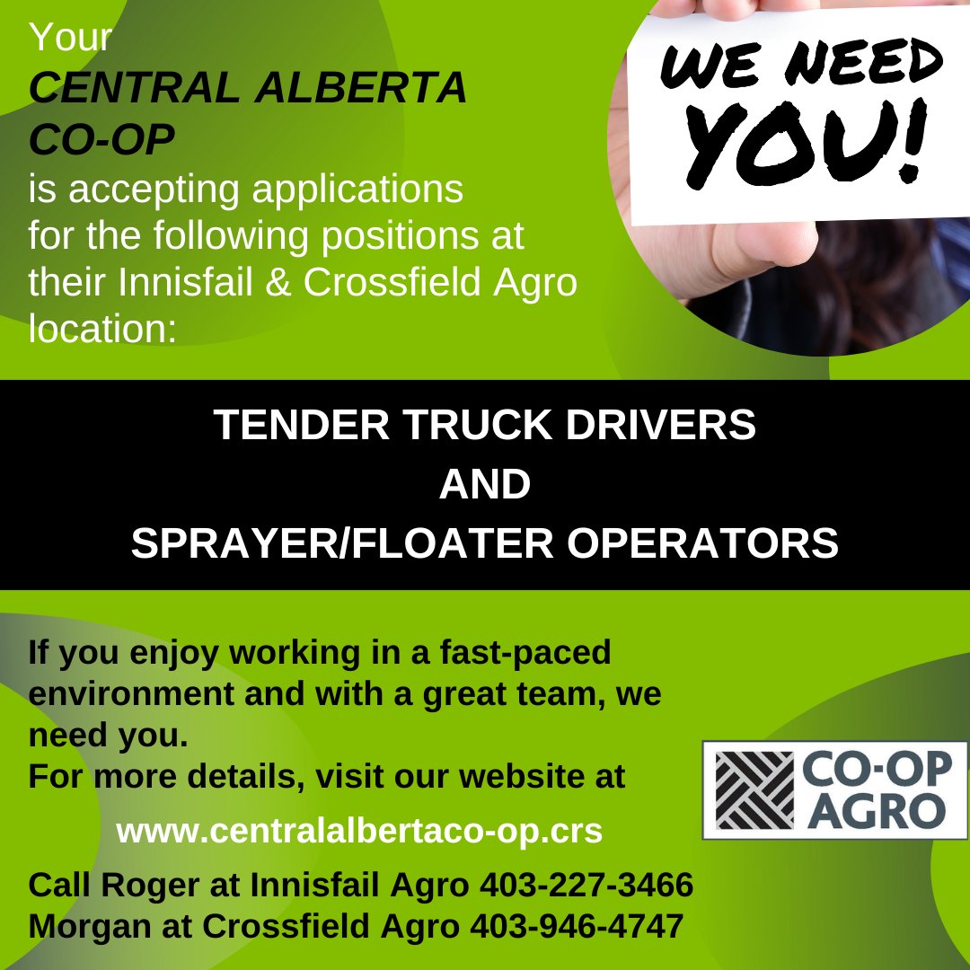 Come hang out with a great team this spring! We are recruiting for seasonal tender truck drivers and sprayer/floater operators.