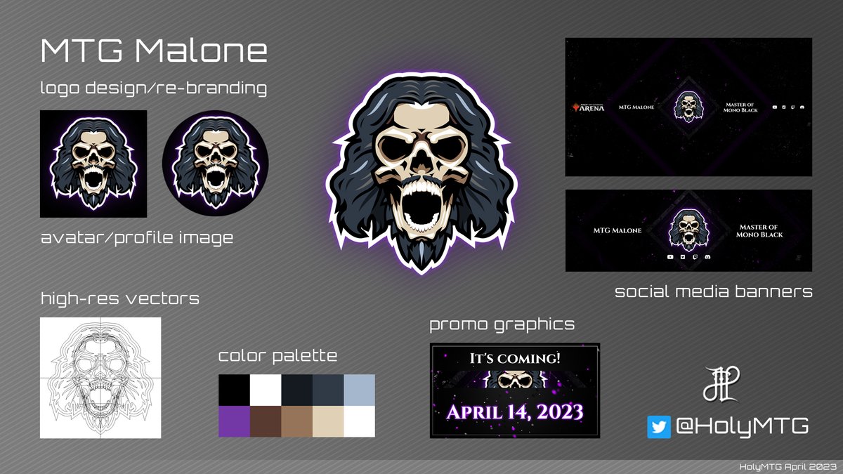 HolyMtg's tweet photo. Had a blast designing a brand new logo for the Master of Mono Black, @mtg_malone! 
From avatars, channel banners, high-res printable vector files for merch, to even viral marketing promos, plus colab with @sirens_song91 for an amazing YouTube intro! 
Pretty frickin' sweet! 🤘😎🖤 https://t.co/m9tzyoV5Vc