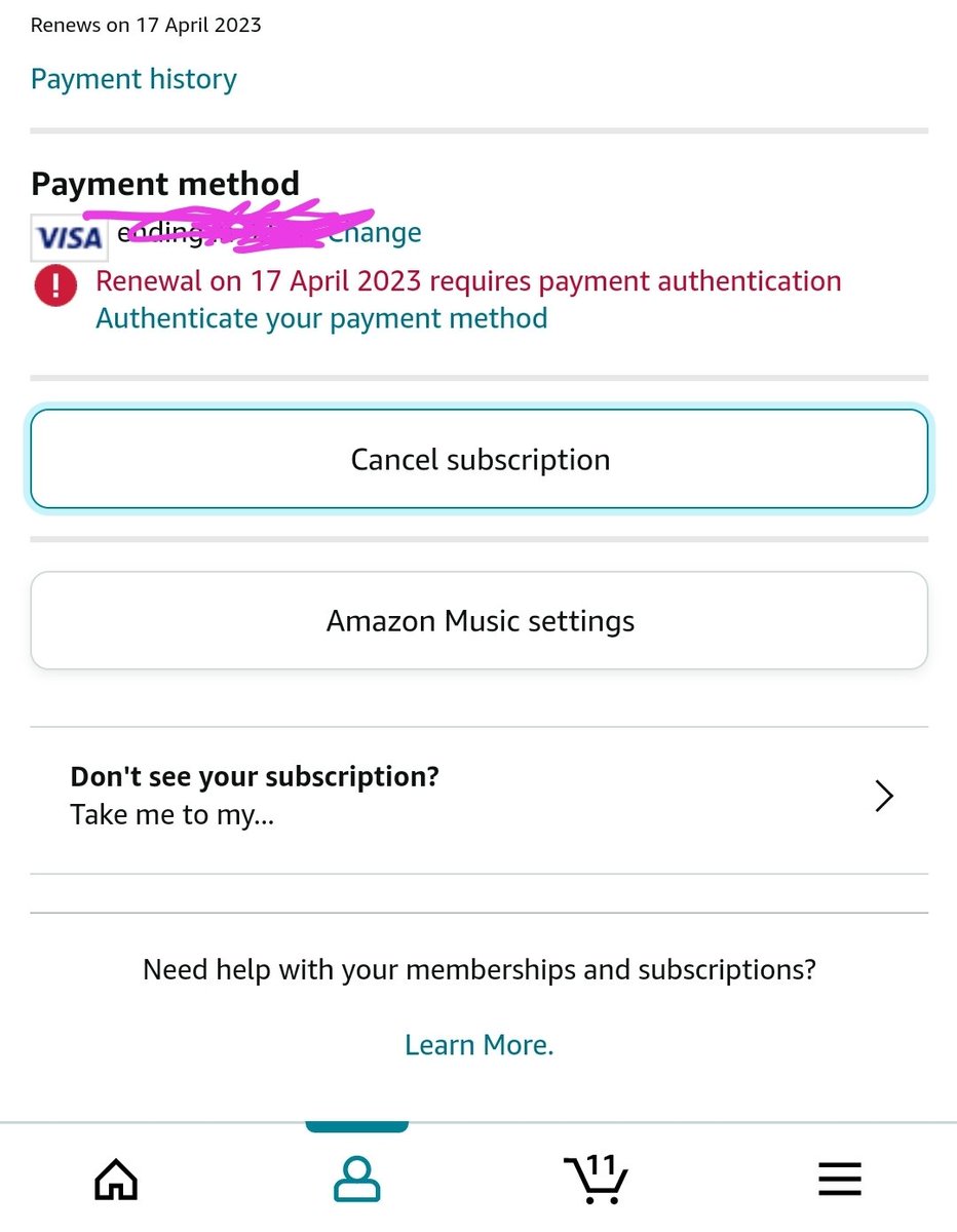 accarnegie's tweet photo. @AmazonUK One of the kids has activated the free trial of amazon music. I am trying to cancel it so I am not charged. When I press cancel subscription it just takes me to the settings (the button below) how do I cancel please? https://t.co/zMOSlIkxzo