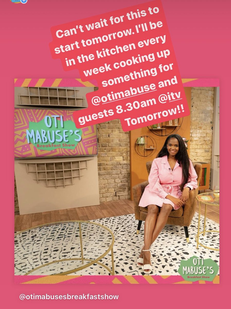 So looking forward to cooking up some simple, exciting recipes for you again every Saturday morning on #OtiMabuseBreakfastShow @itv 8.30am 💥