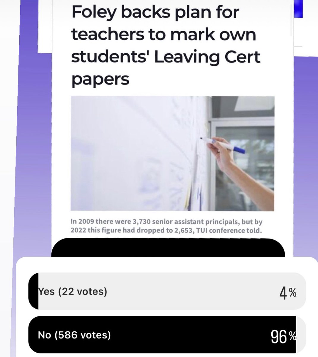 LCHistoryTutor's tweet photo. Pls take note Minister @NormaFoleyTD1 #readtheroom 👀 via by @jchistorytutor page on Instagram #edchatie  96% against this idea https://t.co/sIrz7tfcOc
