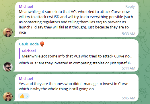 DefiMoon's tweet photo. There are some slimy VCs using dirty tricks trying to prevent $crvUSD launch due to how disruptive it is to the business models of many existing #DeFi protocols. 

I hope @newmichwill names these clowns once crvUSD goes live. ⚔️⚔️⚔️

$CRV 👑 https://t.co/xzZhGUVHFi