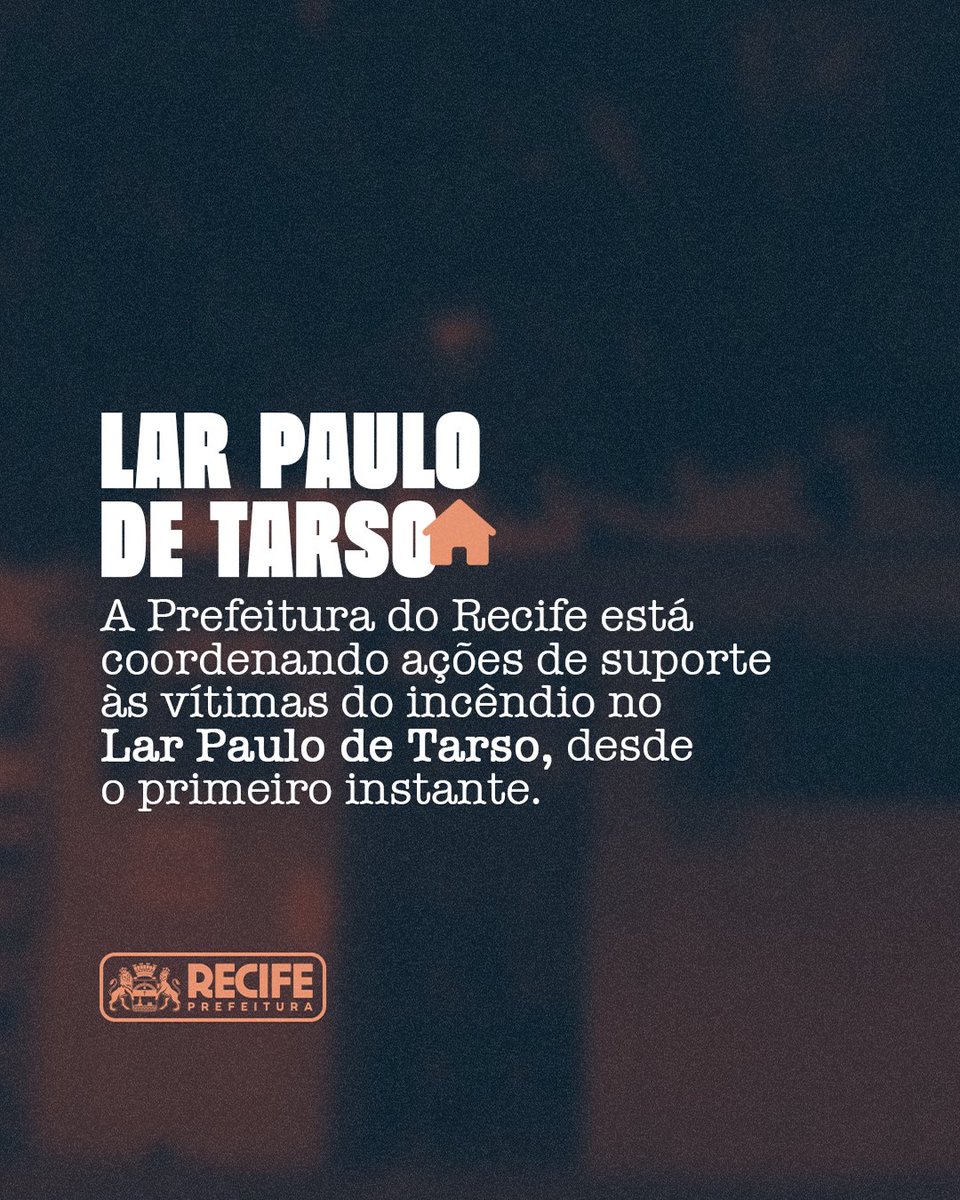A Prefeitura do Recife lamenta profundamente e se solidariza com as vítimas e os familiares de todos que foram atingidos pelo incêndio do Lar Paulo de Tarso, instituição sem fins lucrativos que atua há mais 30 anos na cidade. +