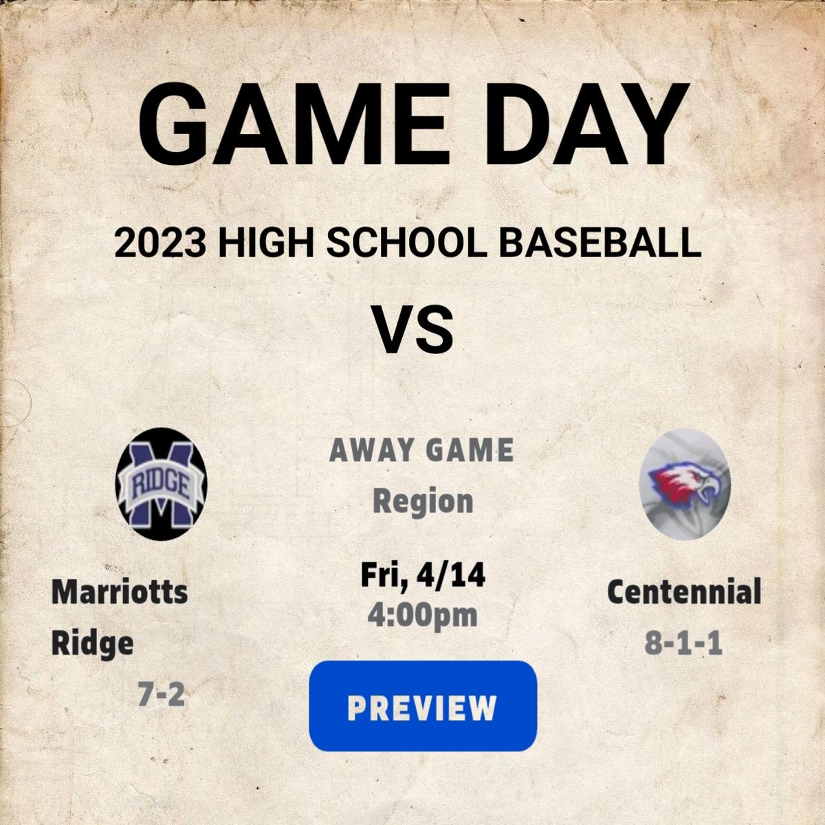 Fri., Apr. 14, 2023 @ 4p
The Centennial (Ellicott City, MD) varsity baseball team has a home conference game vs. Marriotts Ridge (Marriottsville, MD) today @ 4p.
Watch On ⬇️
📺  bit.ly/3JS3twx
@CHSEagleSports @hcpss_chs @hcpss_mrhs