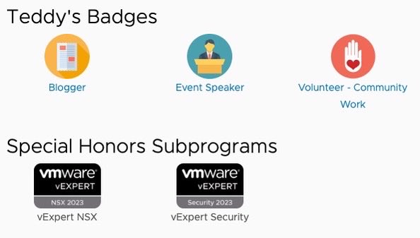 I'm glad and honored to be awarded for the first time, vExpert NSX and vExpert Security!

Congrats to all vExpert participating in these subprograms 🎉

Big thanks to VMware, Corey and the vExpert team 🙏

#VMware @VMware_Fr @vmwarensx #RUNNSX #vExpert #NSX #Security #VMUG