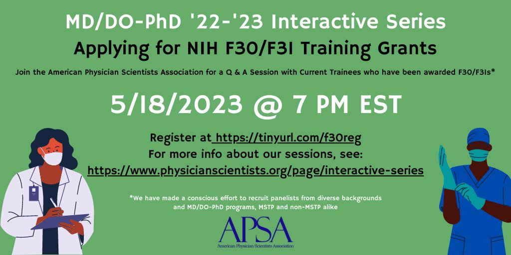 Thinking about applying for an NIH training grant? This @A_P_S_A webinar is for you! On 5/18 @ 7pm EST, a panel of current trainees who have been awarded F30/F31s will be available to offer advice/answer your Qs. Register for FREE tinyurl.com/f30reg!