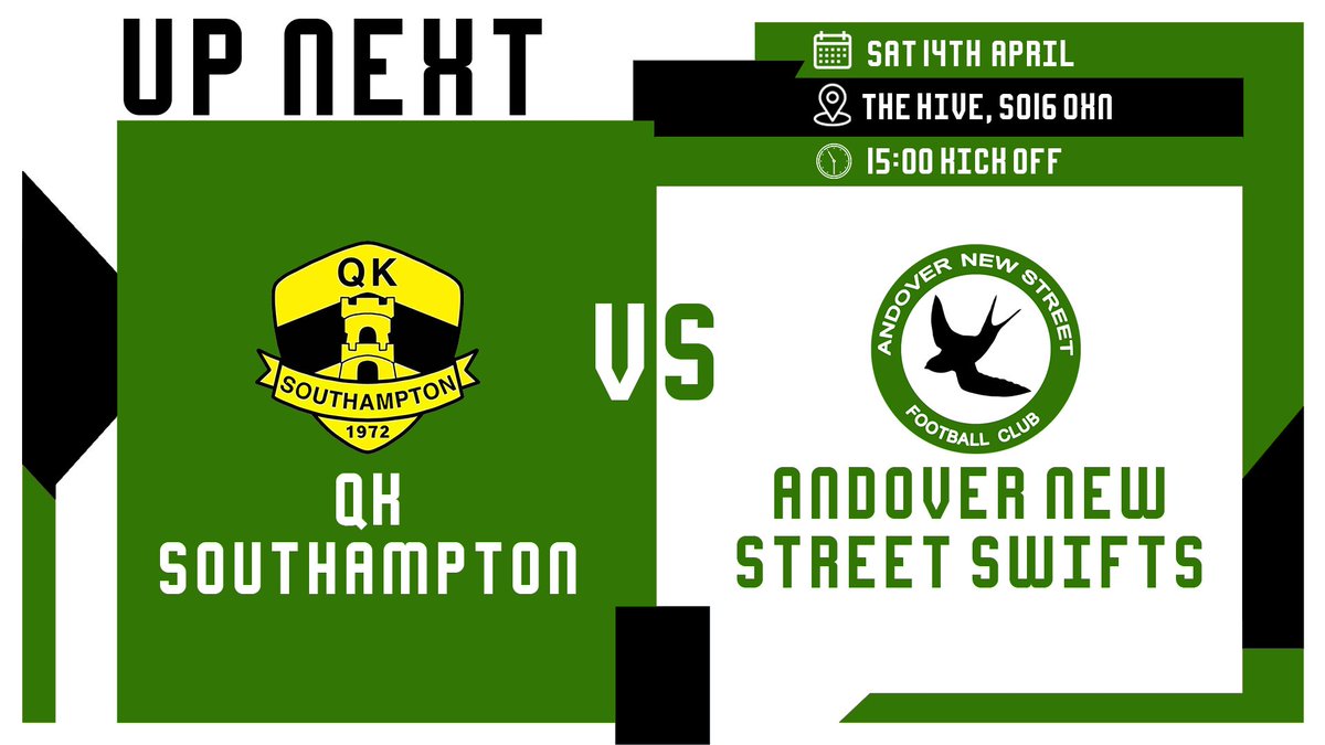 𝗡𝗘𝗫𝗧 𝗨𝗣

This Saturday we face QK Southampton for the first time this season after previous fixtures have had to be postponed due to bad weather. 

🟢⚫️🟢⚫️

🆚:@QkClub 
🏆: <a href="/HantsLeague/">uhlsport Hampshire Premier League</a>
📌: The Hive, SO16 0XN
🧭: w3w.co/canny.winner.o…
⏰: 15:00
💵: Free