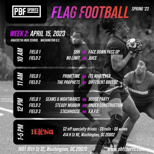 pbfsports's tweet photo. PBF Fam! Week 2 of Spring Flag Football is here and we’re amped! Pull up to Bar Elena for the weekly after game social and let’s turn up together 🏈🔥

#playpbf #pbfsports https://t.co/julzO7ibH2