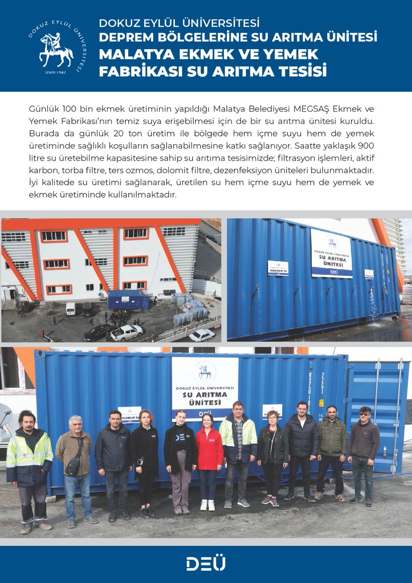 Tamamı #universitemDEU'nun öz kaynaklarıyla Türkiye’de bir üniversitede ilk kez geliştirilerek  #Adıyaman ve #Malatya'da hizmete alınan 4 ayrı mobil su arıtma tesisimiz, depremden etkilenen vatandaşlarımıza temiz içme suyuna erişimi güvenle sağlıyor.