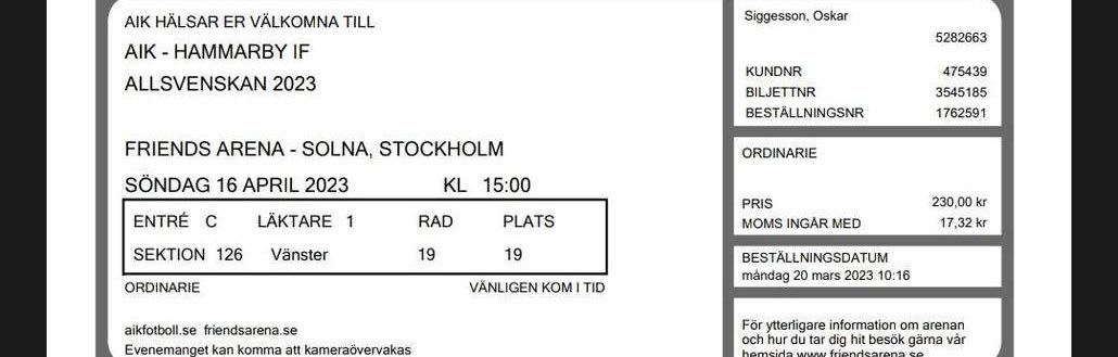 maxosterman11's tweet photo. Säljer denna biljett för ursprungspris 230kr till derbyt på söndag! @AIKBiljett https://t.co/8s8zL0piza