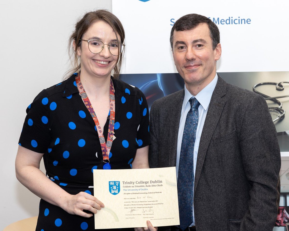 Dr Aoife McFeely @AoifeMcfeely's MD is on Frailty Identification and Transitions in an Aging Population with Intellectual Disability. Today she won the 'Relevance for Patient Care' Award at our PGR day in @wearetuhf @SPKennelly @NidmsIrl @ageingwithID @IdsTilda @MccarrmMary #TARC