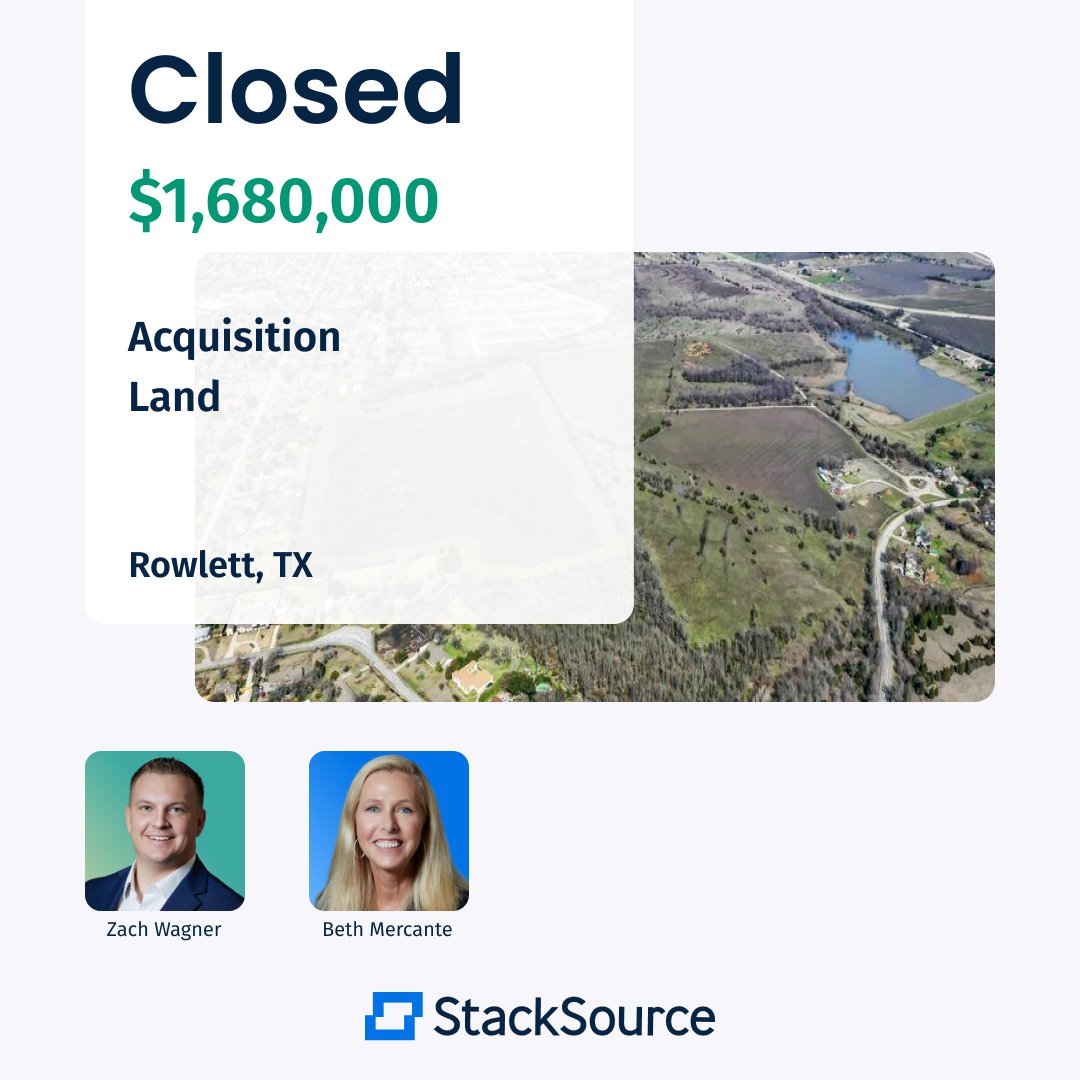 StackSource's tweet image. CLOSED! 🎉

$1.7 Million financing for the acquisition of vacant land located in Rowlett, Texas.

Senior Directors Beth Mercante and Zach Wagner arranged the senior debt in just 3 weeks.

Check out the full details here: hubs.la/Q01Lx5sN0

#StackSource #CRE #Texas #Land