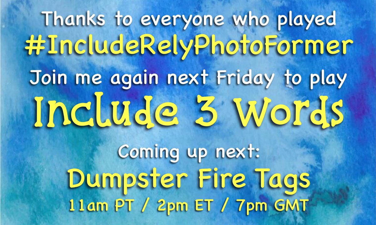 googlygirl98's tweet photo. Thanks for playing #IncludeRelyPhotoFormer! Have a great weekend! I’ll see you next Friday for another game of Include 3 Words!
@DumpsterTags with @WTFinSoCal begins in just a few minutes!
Thanks to @TagHappenings & @CalendarGirlBot for helping us keep up with all the # games! https://t.co/XEp3kytmZb