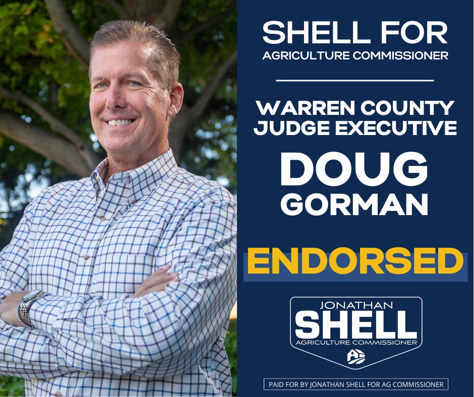 ShellforKY's tweet image. Judge Executive Doug Gorman of Warren County and long-time public servant has ENDORSED my campaign to be your next Ag Commissioner!
@DougGorman1 is a true Conservative Leader with a vision for Southern KY and I am grateful to have his support! #TeamShell