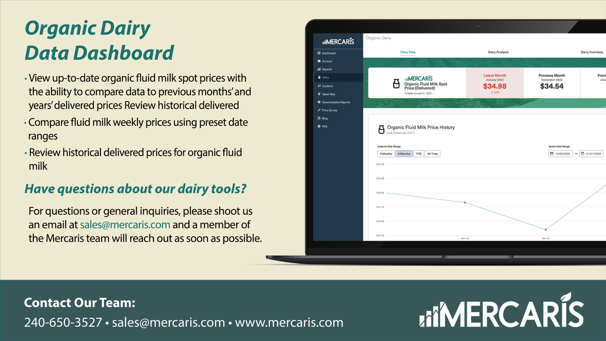 Ready for another #update to our dairy product offering? The Mercaris #Organic Dairy Dashboard features 3 tools designed with our #organicdairy partners in mind. Contact Alberto at alberto.anguiano@mercaris.com to schedule your complimentary demo! #staytunedformore