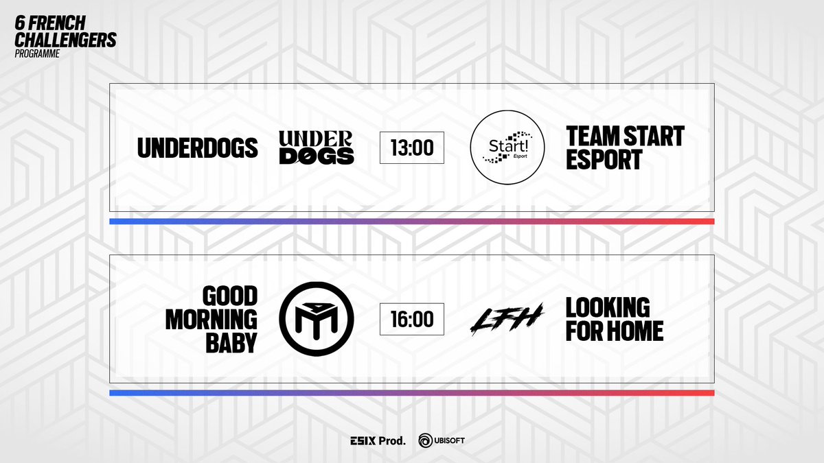 🇫🇷 6 French Challengers 🇫🇷

Rendez-vous aujourd'hui dès 13h pour les demi-finales du Winner Bracket ! 🔥 #6FC

Underdogs 🆚 @TeamStartEsport 
Good Morning Baby 🆚 <a href="/LFHR6S/">LFH</a>