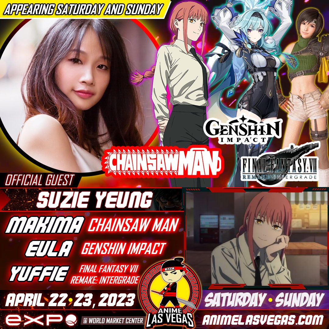 Come meet Suzie Yeung at Anime Las Vegas 2023!

You may know Suzie from Chainsaw Man, Genshin Impact, Final Fantasy VII Remake and many more!

Tickets to Anime Las Vegas 2023 are on sale now!!! Get a full weekend pass for only $45!

TICKET LINK HERE: Tixr.com/e/58308