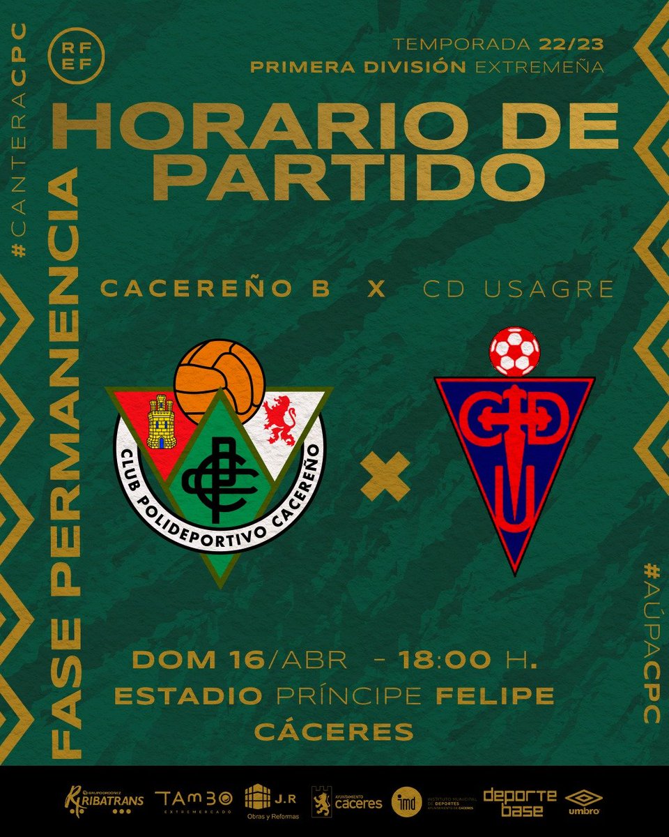 CanteraCPC's tweet photo. ❗ HORARIO CONFIRMADO para el Cacereño B ❗

⚽ Partido Ida 1ª eliminatoria Fase 
      Permanencia 1ª División Extre
🆚 CD Usagre
🗓️ 16-04-2023
🏟️ Estadio Príncipe Felipe
🕕 18:00 
Abonados 🎫 > Gratis
Entrada      🎟️ > 5€ https://t.co/huIO1vvKuZ