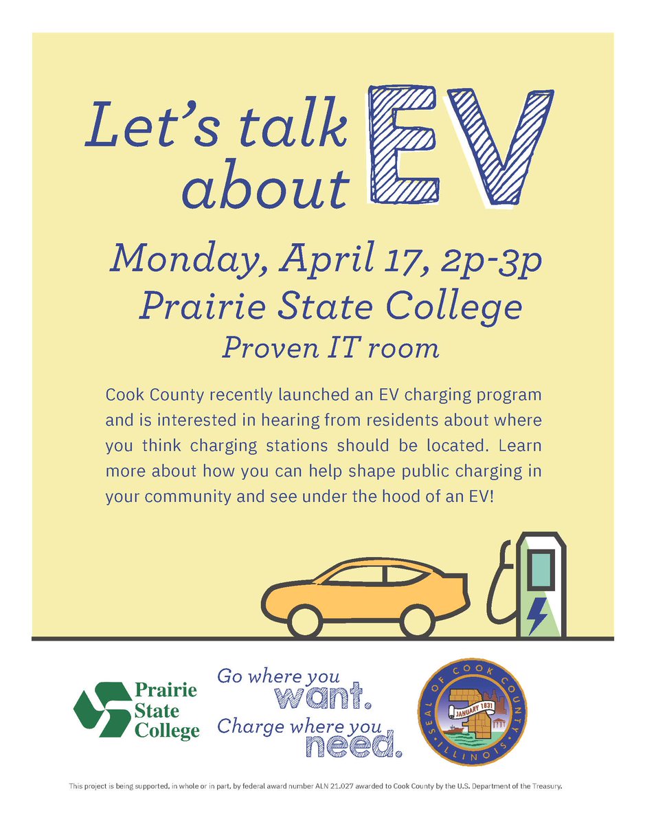 Join us Mon 4/17 2-3pm at <a href="/PrairieStateCol/">Prairie State College</a> to learn about <a href="/cookcountygov/">Cook County Government</a> EV charging station program,  &amp; see under the hood of an EV! We want to hear from you where you think great public charging locations would be!

Email EVcharging@cookcountyil.gov w/ questions
#CCEV #PlugIn