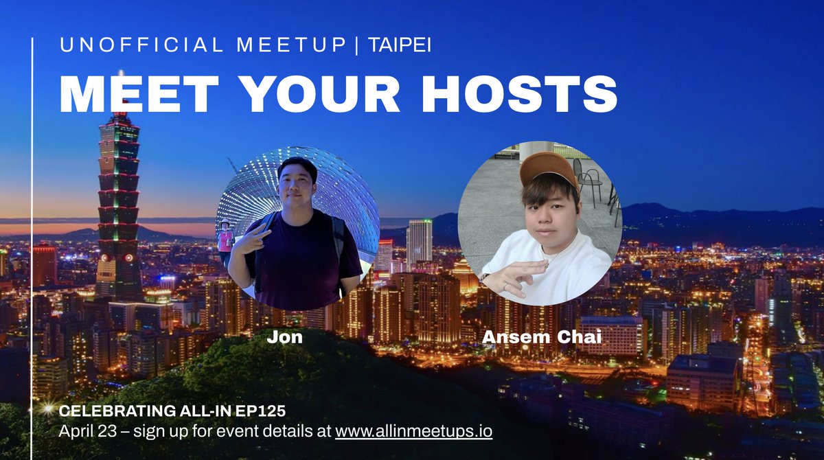 jonyeo88's tweet photo. #Taipei we're coming for you!  @AnsemChai  &amp; @JustJonTweets are bringing @theallinpod fans together to celebrate EP125. @ALLIN_meetups happening April 23. Sign up to get event deets at https://t.co/BUXFAZ5yMJ https://t.co/S1V1lAvMbg