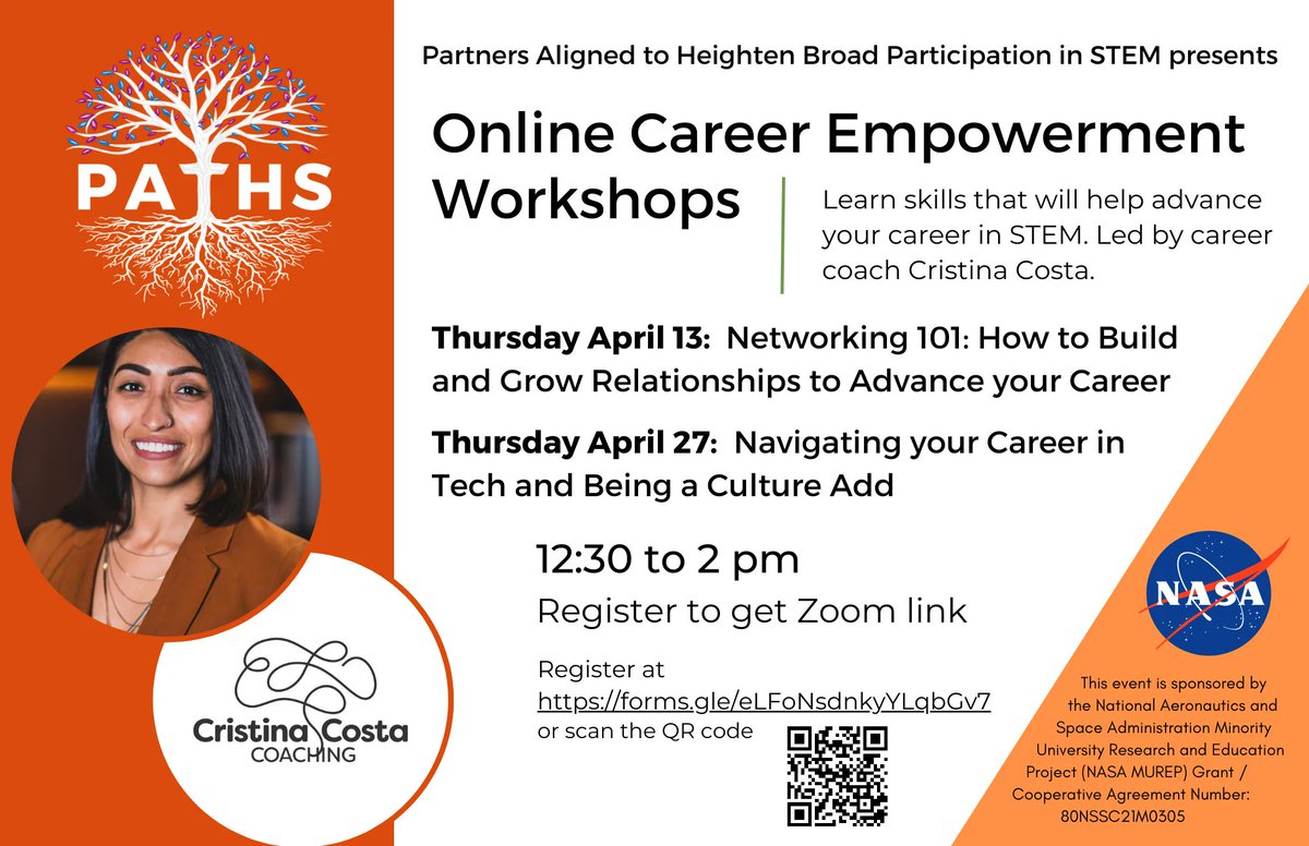 Register for Online #CareerEmpowerment Workshops sponsored by <a href="/NASA/">NASA</a>! Join career coach Cristina Costa on April 13th &amp; 27th and learn skills that will help advance your #career in #STEM! Scan the QR code or visit the link to register! #NASA #Resume #Careerguidance