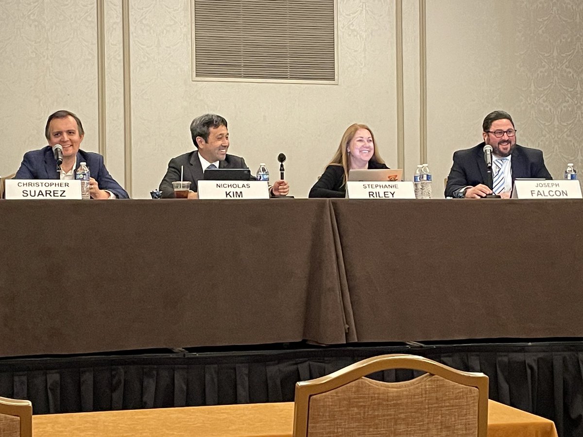brianedmondson's tweet photo. Final session of @abaipl #IPLSpring23 on Counseling Clients on Mandatory Disclosures in Patent Litigation with Joseph Falcon III (Barley Snyder), Nicholas Kim (Microsoft), Stephanie Riley (Womble Bond Dickinson), & Christopher Suarez (Steptoe & Johnson) https://t.co/5tgzG97dum