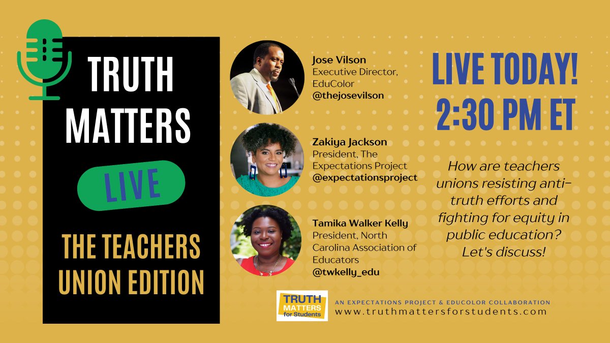 expectproject's tweet photo. Join us on IG shortly for TRUTH MATTERS LIVE: THE TEACHERS' UNION EDITION.  

We'll talk about how teachers' unions are resisting anti-truth efforts with: 
- Zakiya Jackson (@ZakiyaNaemaJack) 
- José Vilson (@TheJoseVilson) 
- Tamika Walker Kelly (@twkelly_edu) https://t.co/z9lB9oXupR