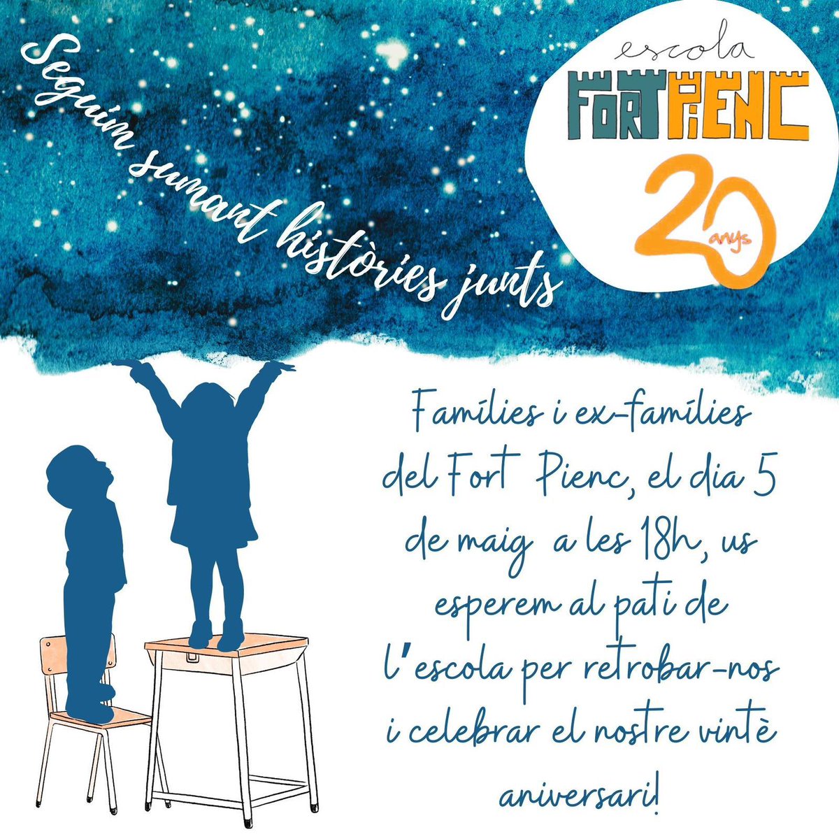L'escola Fort Pienc fa 20 anys, i aviat ens trobarem per a celebrar-ho! El 5 de maig, ens retrobem!