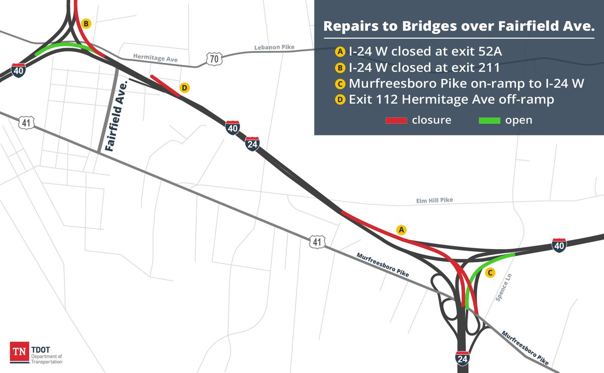RebekahTDOT's tweet photo. TRAFFIC ALERT 🚨🚧 The ramps and exits listed below will be closed all weekend while crews continue to work on the bridge over Fairfield Avenue in Nashville. #nashvilletraffic https://t.co/o1Yza8xf5g