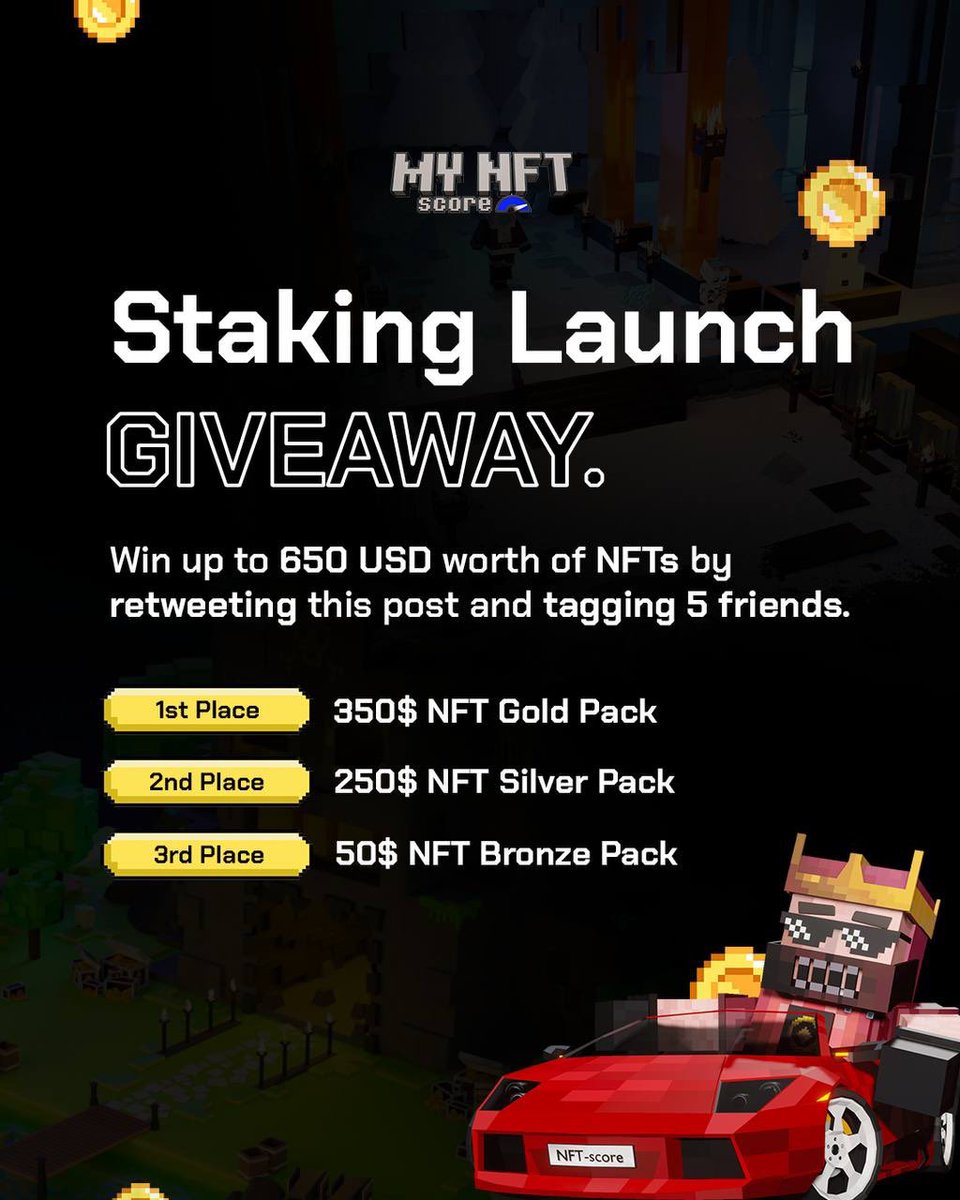 MyNFTScore's tweet photo. Staking Launch GIVEAWAY:
Win up to 650 USD worth of NFT´s!🏆

The Rewards:
🥇 350 USD NFT Gold Pack
🥈 250 USD NFT Silver Pack
🥉 50 USD NFT Bronze Pack 

How to participate:
Retweet this post and tag 5 friends. The one with the most likes wins place 1! https://t.co/drlGYAuL0T
