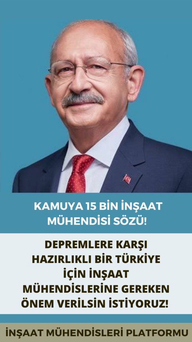 <a href="/kilicdarogluk/">Kemal Kılıçdaroğlu</a> İnşaat Mühendisleri yıllardır görmezden gelindi artık sizin bize kulak vermenizi bekliyoruz sayın <a href="/kilicdarogluk/">Kemal Kılıçdaroğlu</a>. CB olduğunuzda sadece KPSS ile 15.000 İnşaat Mühendisi ataması yapmanızı istiyoruz.