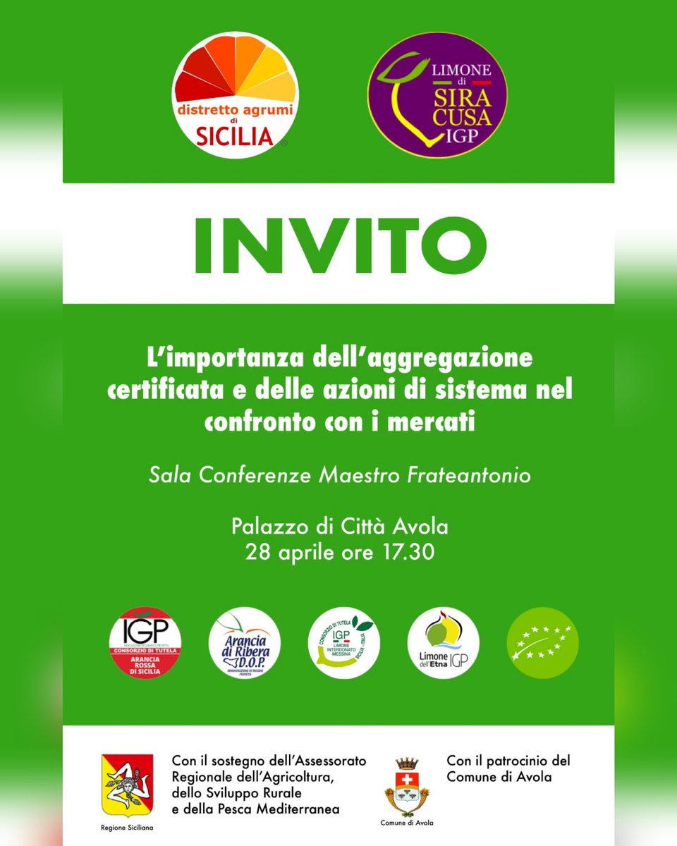 SAVE THE DATE 
L’importanza dell’aggregazione certificata e delle azioni di sistema nel confronto con i mercati
📅28 aprile ore 17.30
📍 Avola
FOCUS: l’importanza di associarsi a strutture di valorizzazione aggregate  per l’affermazionedel prodotto e del territorio